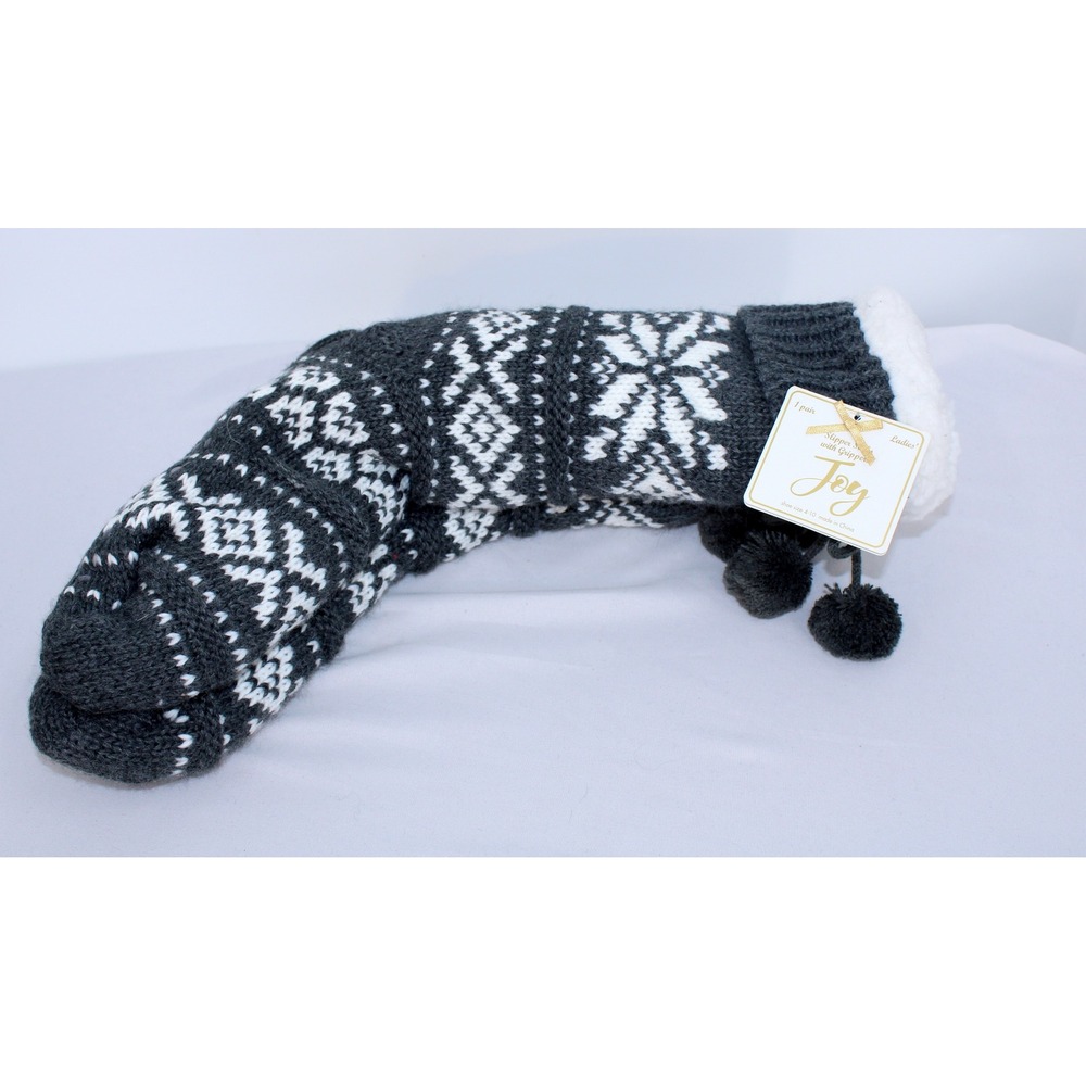 Joy Slipper Socks with Grippers Charcoal Fair Isle Snowflake Pom Pom NWT 4-10